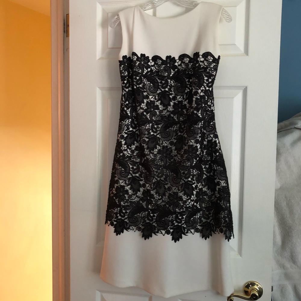 Tadashi Shoji Ivory with Black Lace Dress Size 12 (shortened from gown length)